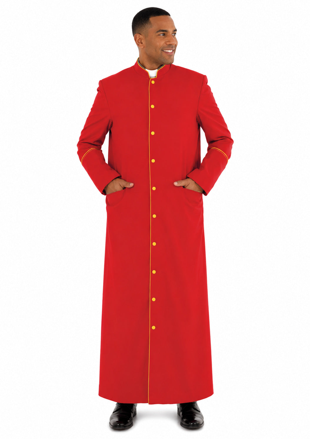 Man wearing a long red robe with gold buttons on a white background