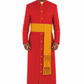 Man wearing a red robe with gold accents on a white background