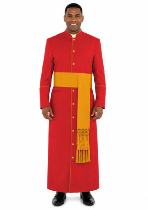 Man wearing a red robe with gold accents on a white background