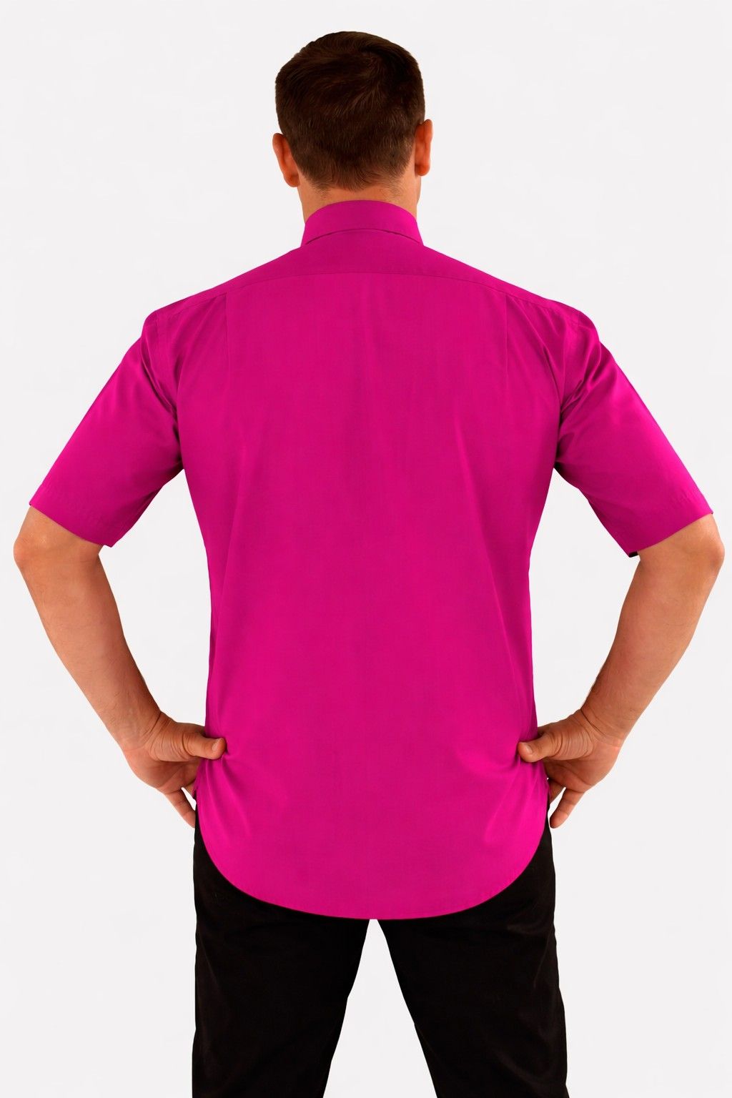 Men wearing a bright pink shirt from behind on a white background