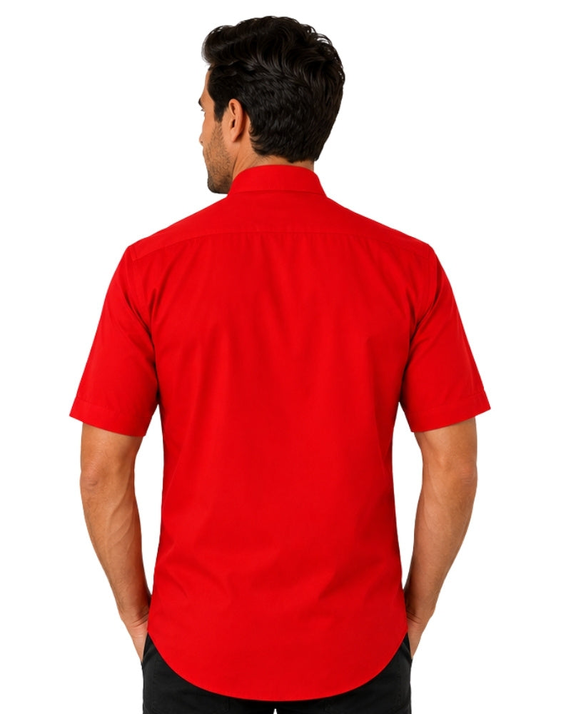 Man wearing a red clerical shirt with a white collar on a white background