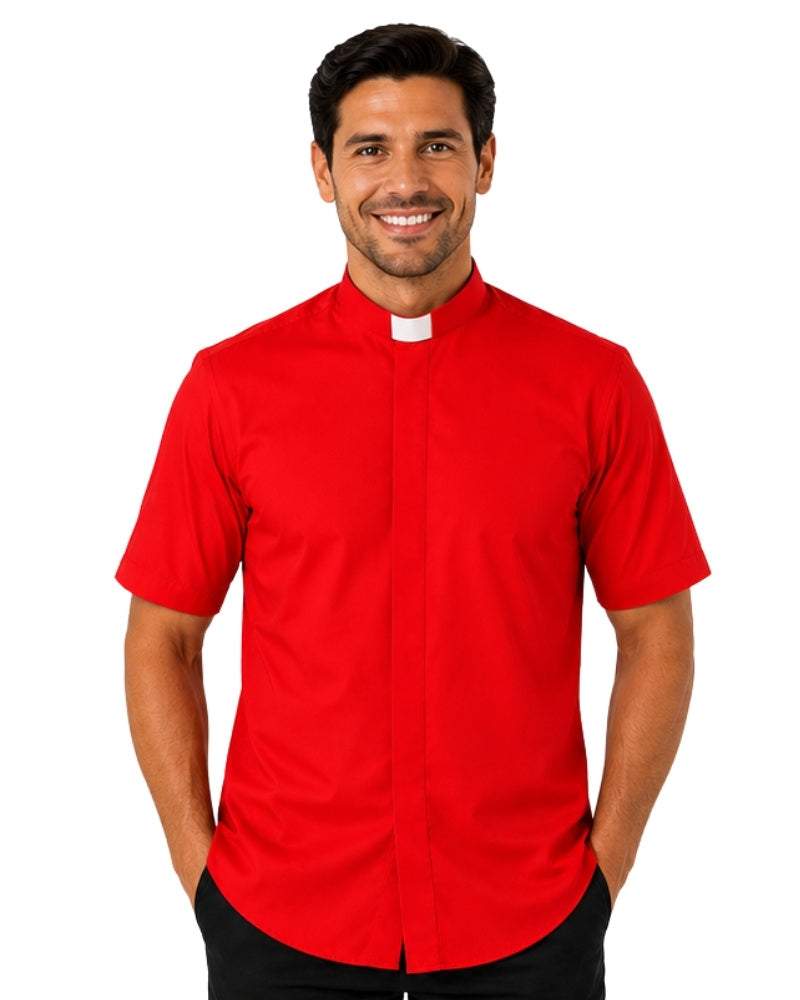 Man wearing a red clerical shirt with a white collar on a white background