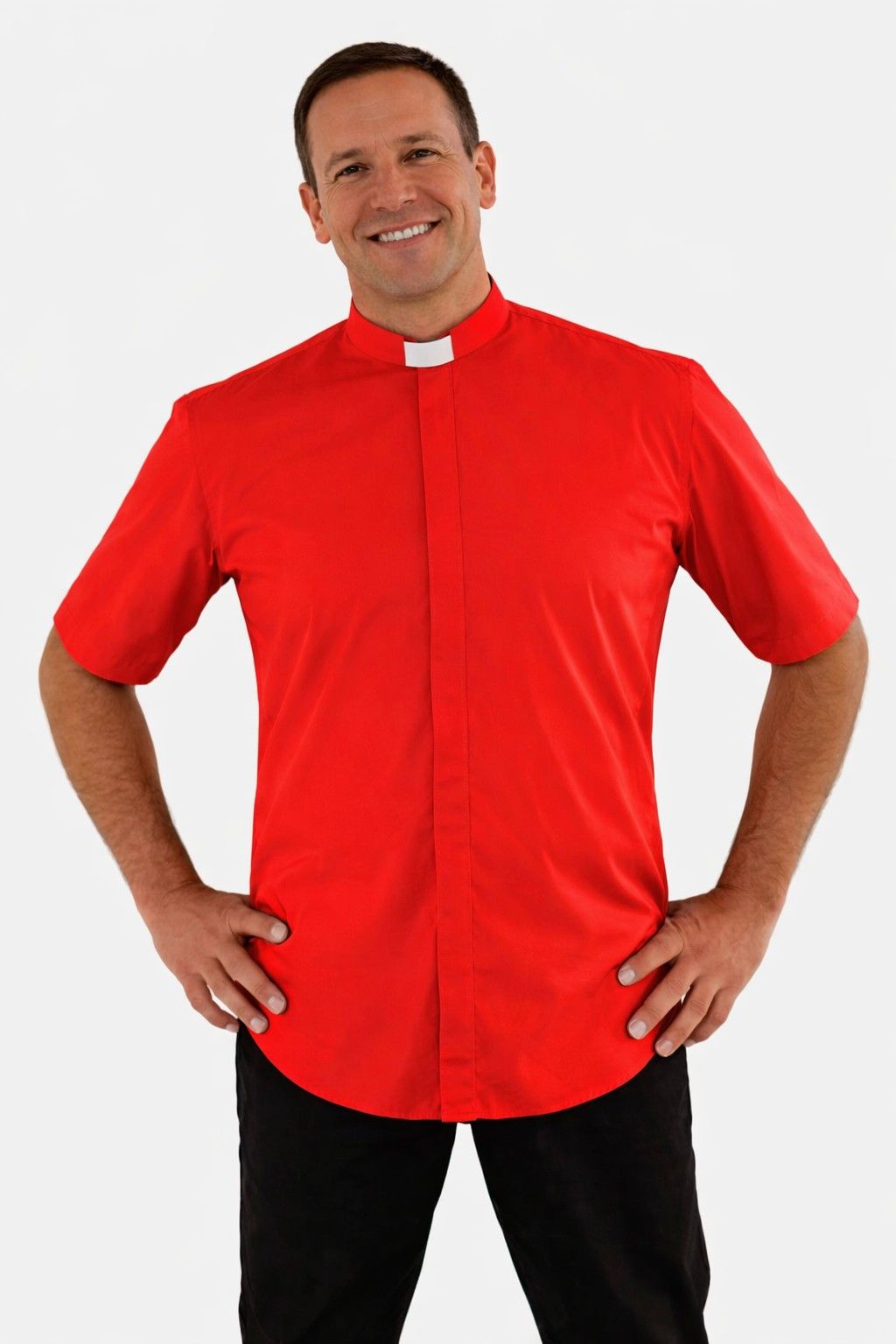 Man wearing a red clerical shirt with a white collar on a white background