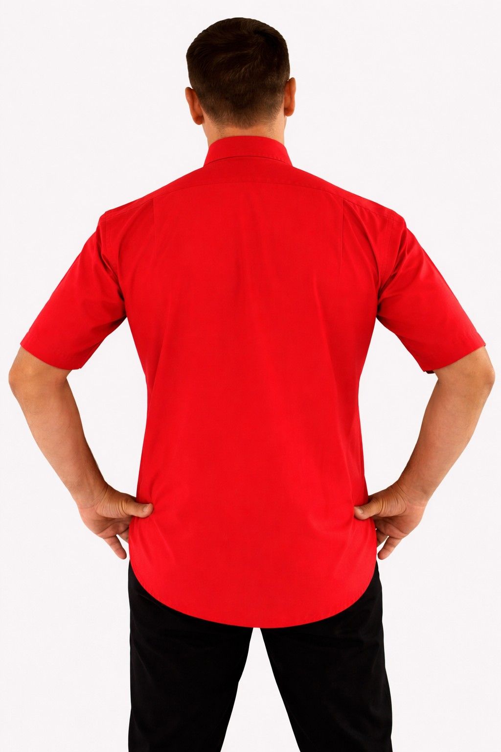 Men wearing a red shirt on a white background