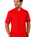 Man wearing a red clerical shirt with a white collar on a white background