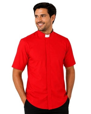 Man wearing a red clerical shirt with a white collar on a white background