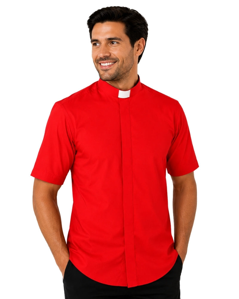 Man wearing a red clerical shirt with a white collar on a white background