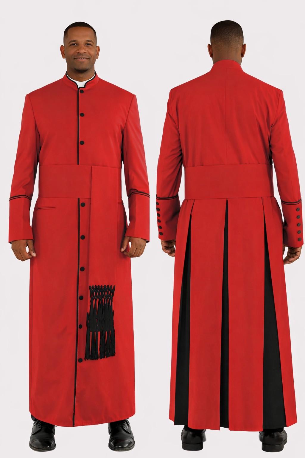 Red robe with black accents on a white background