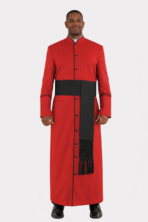 Man wearing a red and black traditional outfit on a white background