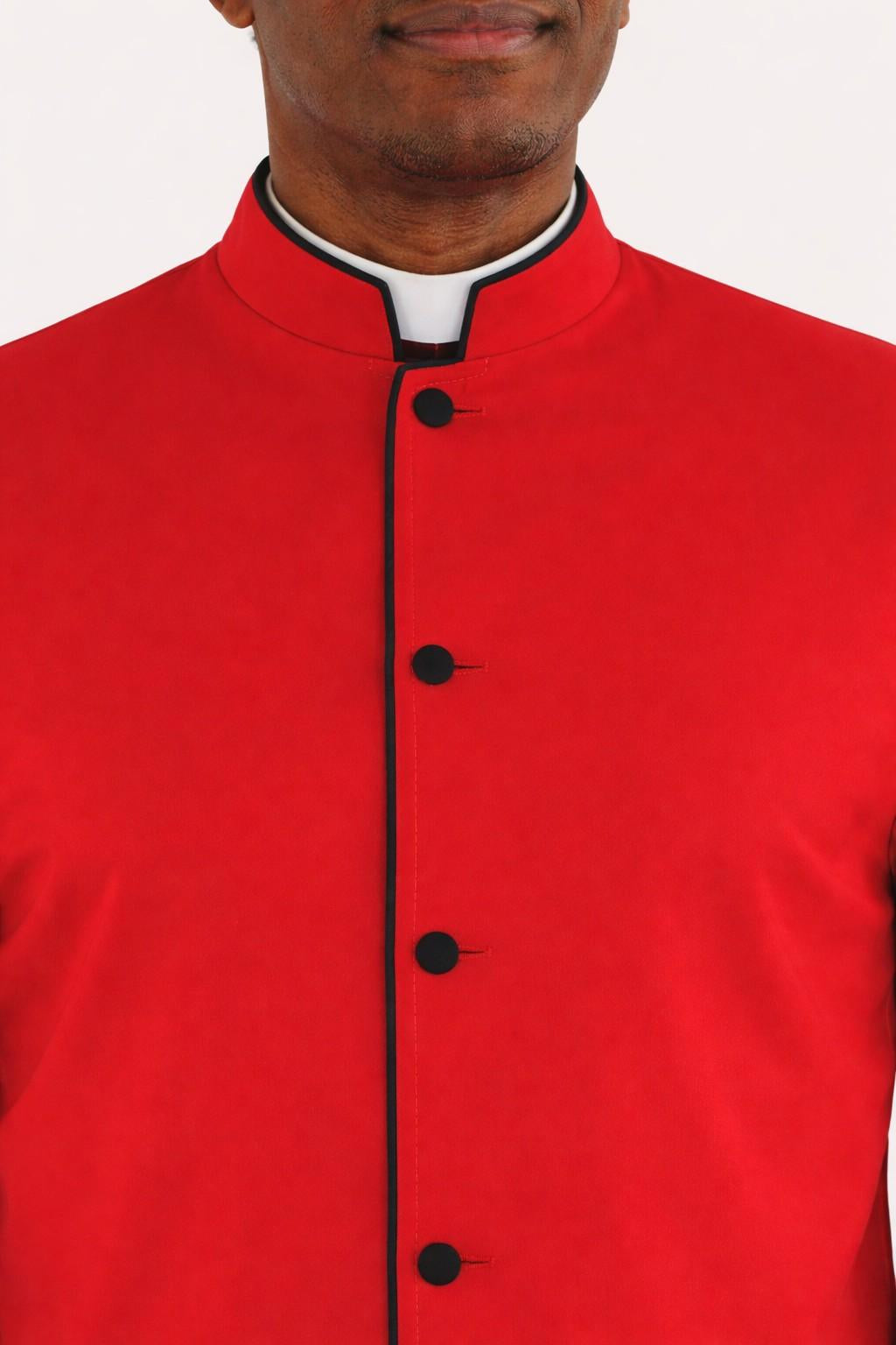Red robe with black buttons on a white background