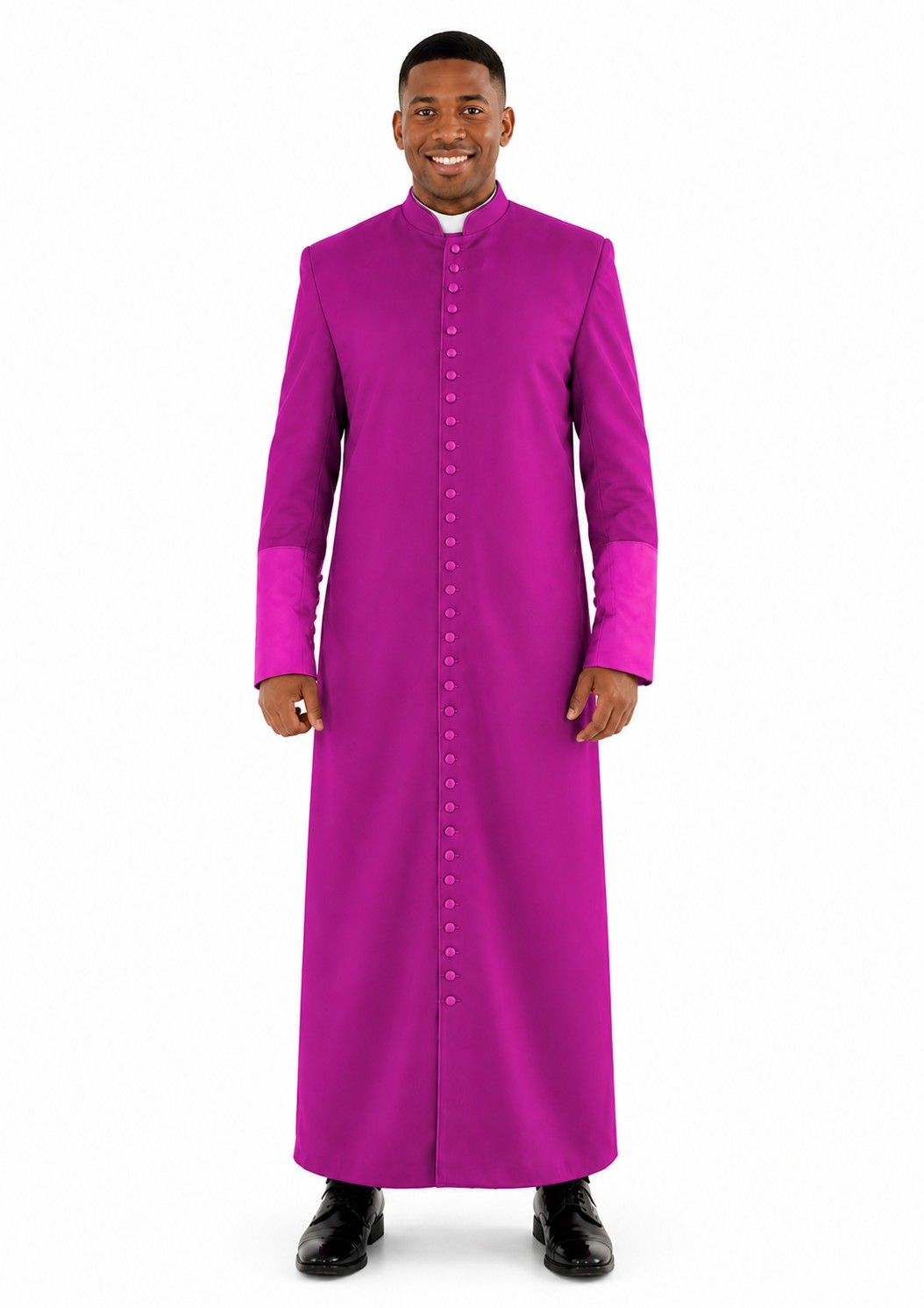 Man wearing a bright purple robe on a white background