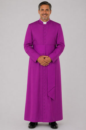 Man wearing a purple religious robe on a gray background