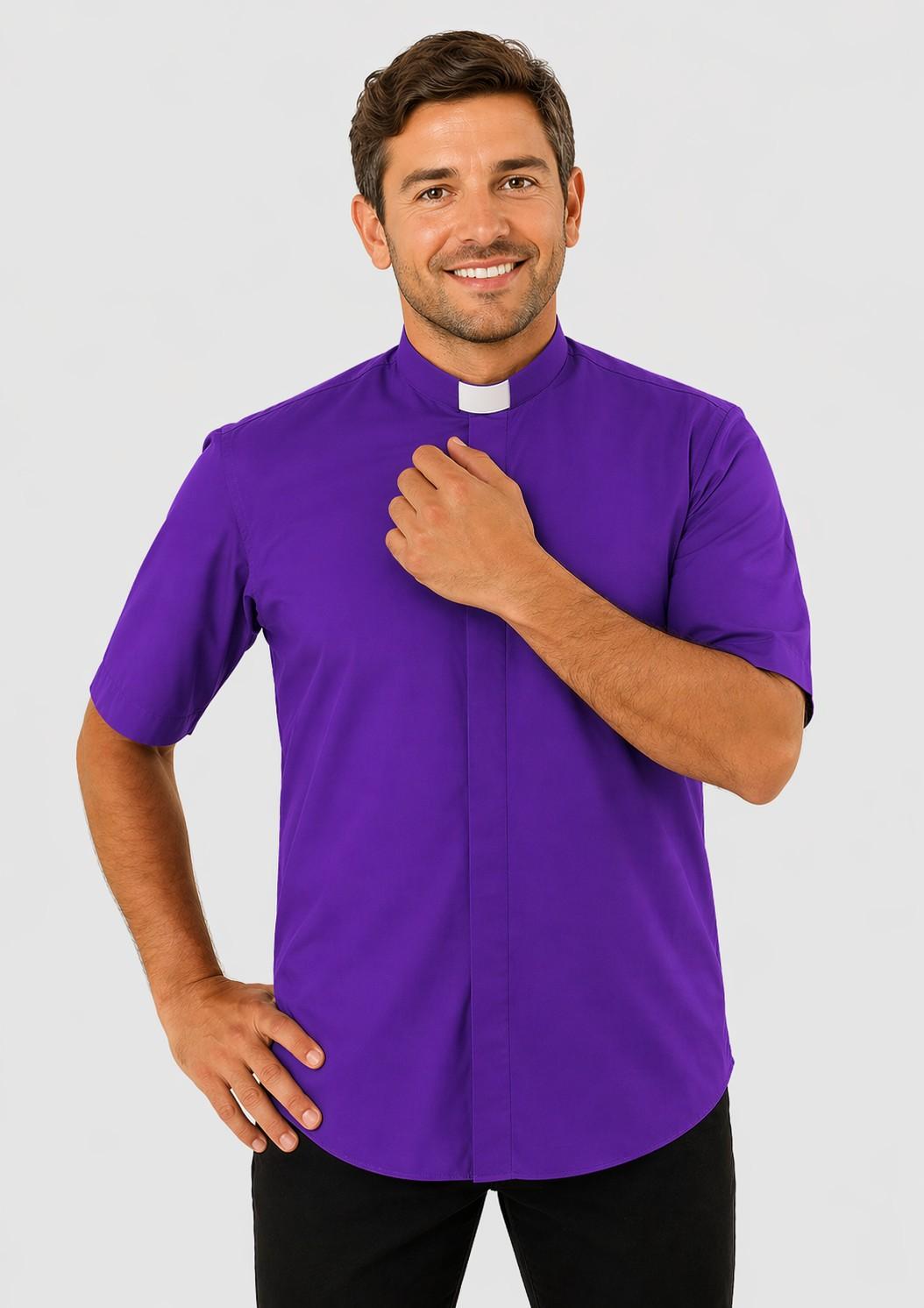 Man wearing a purple shirt with a clerical collar on a gray background