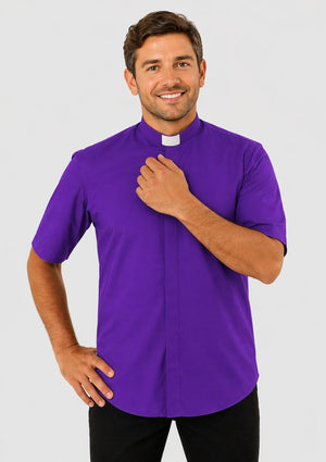 Man wearing a purple shirt with a clerical collar on a gray background