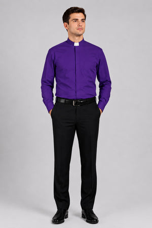 Man wearing a purple shirt with a clerical collar and black pants on a white background
