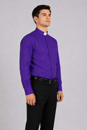 Man wearing a purple clerical shirt with a collar on a white background