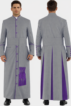 Gray robe with purple accents on a white background