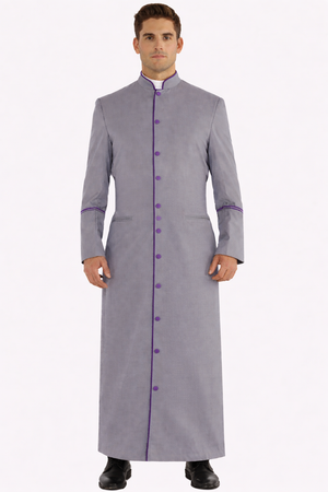 Man wearing a long gray robe with purple accents on a white background