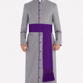 Man wearing a gray robe with purple accents on a white background