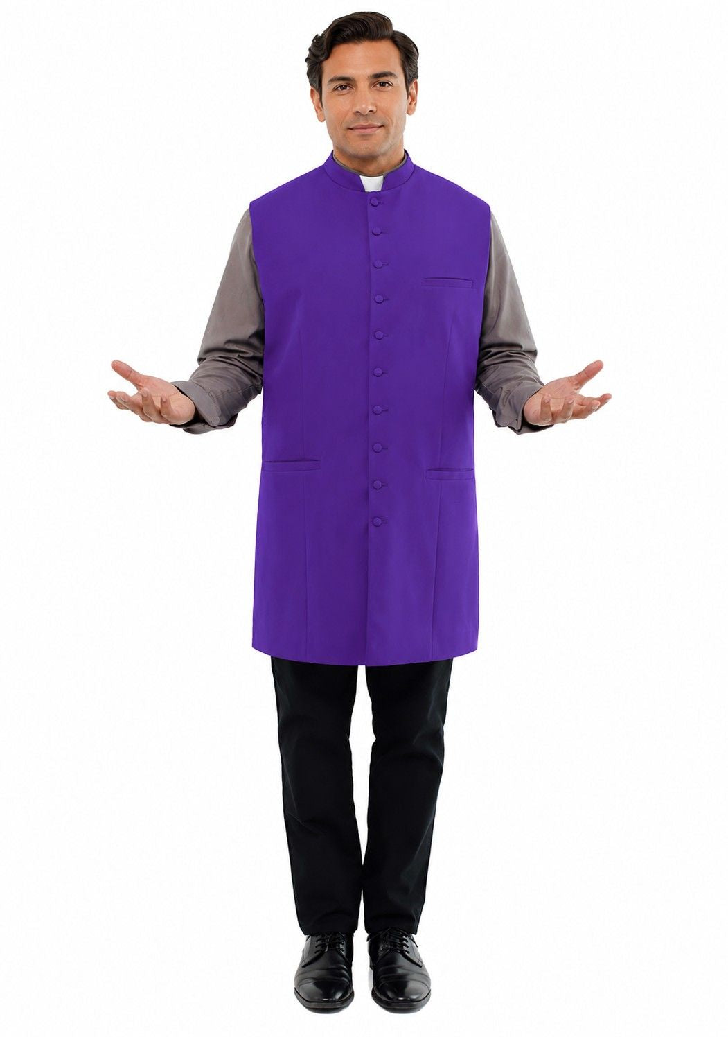 Man wearing a purple vest over a gray shirt on a white background