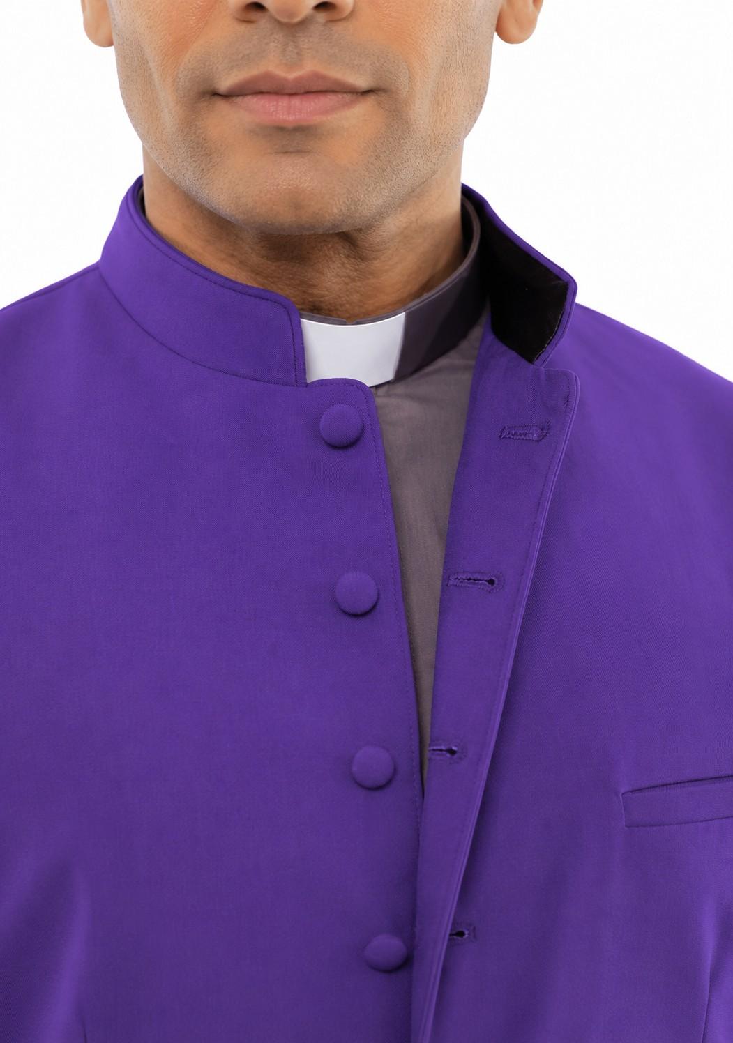 Purple clerical jacket with a white shirt underneath on a white background