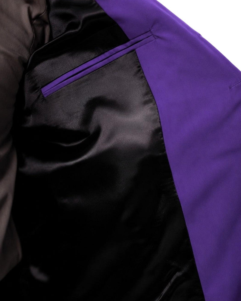 Man wearing a purple vest over a gray shirt on a white background