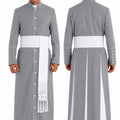 Gray clerical robe with white accents worn by a man, front and back views.