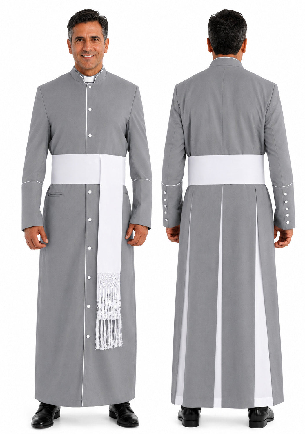 Gray clerical robe with white accents worn by a man, front and back views.