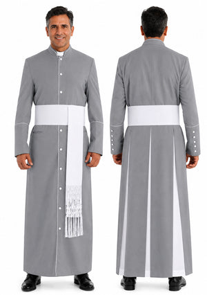 Gray clerical robe with white accents worn by a man, front and back views.