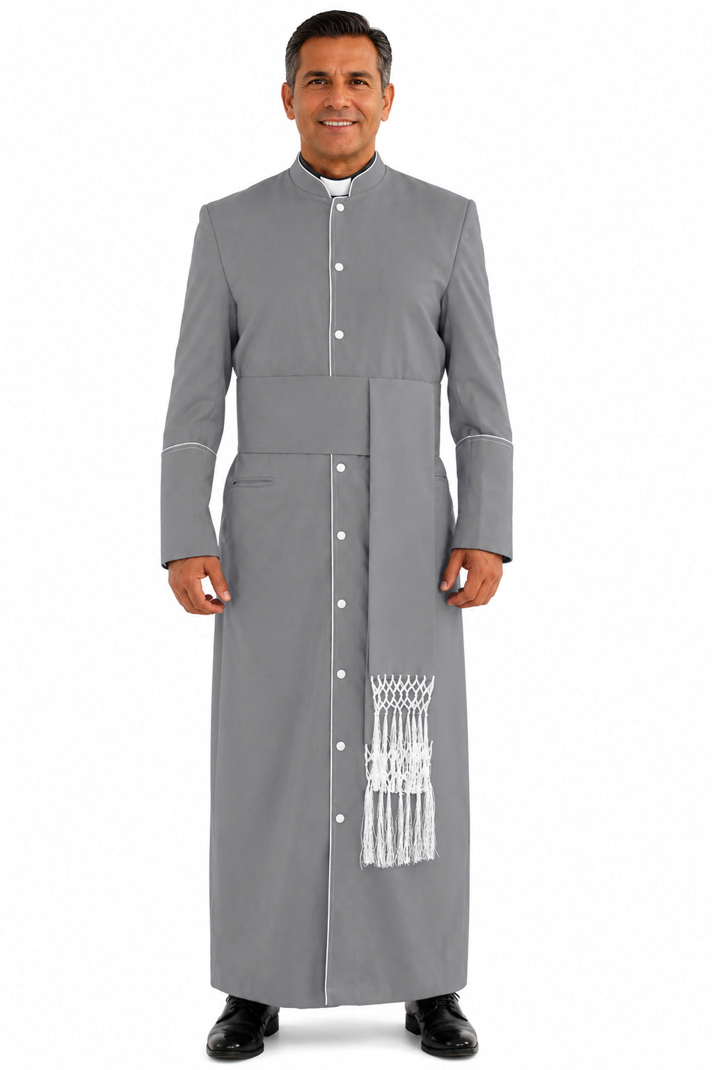 Man wearing a gray robe with a white stole on a white background