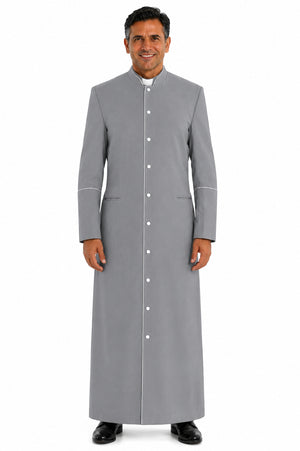 Man wearing a long gray robe with white buttons on a white background