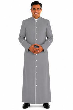 Man wearing a gray clerical robe on a white background