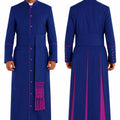Blue religious robe with pink accents worn by a man, shown from front and back on a white background.