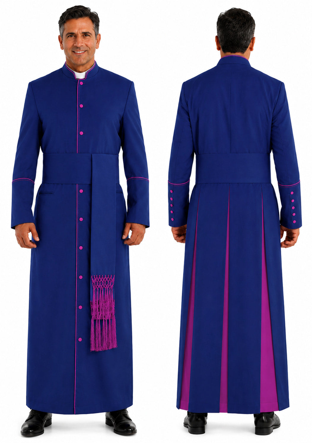 Blue religious robe with pink accents worn by a man, shown from front and back on a white background.