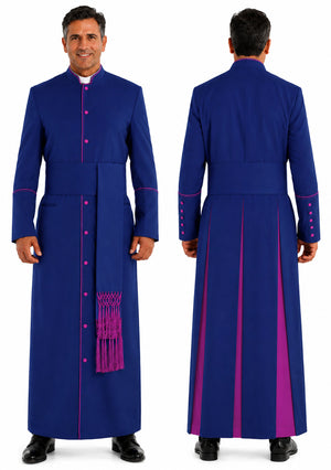 Blue religious robe with pink accents worn by a man, shown from front and back on a white background.
