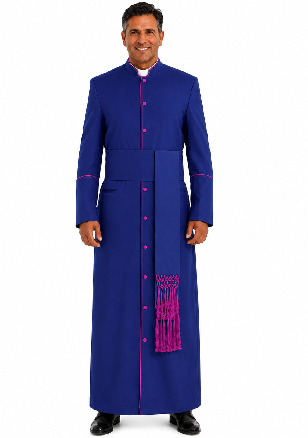 Man wearing a blue robe with pink accents on a white background