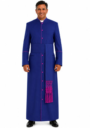Man wearing a blue robe with pink accents on a white background