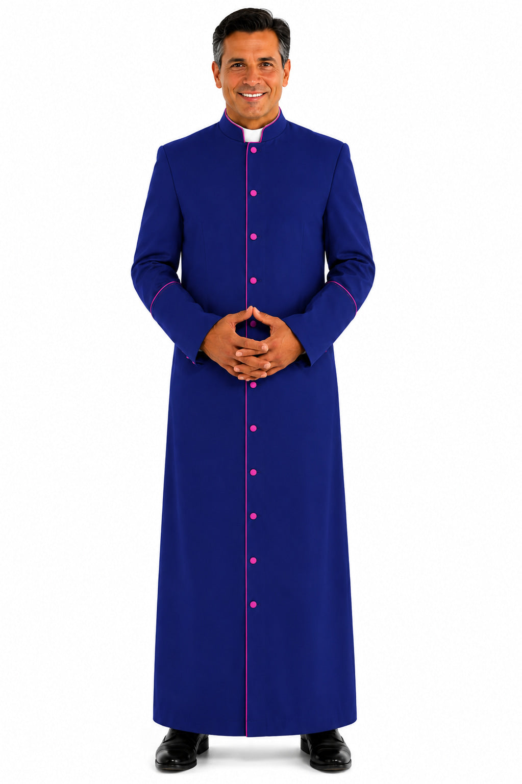 Man wearing a blue cassock with pink trim on a white background