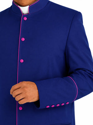 Blue robe with pink buttons and trim on a white background
