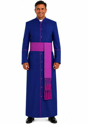 Man wearing a blue and purple religious robe with a stole on a white background
