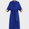 Man wearing a blue robe with a hood on a white background