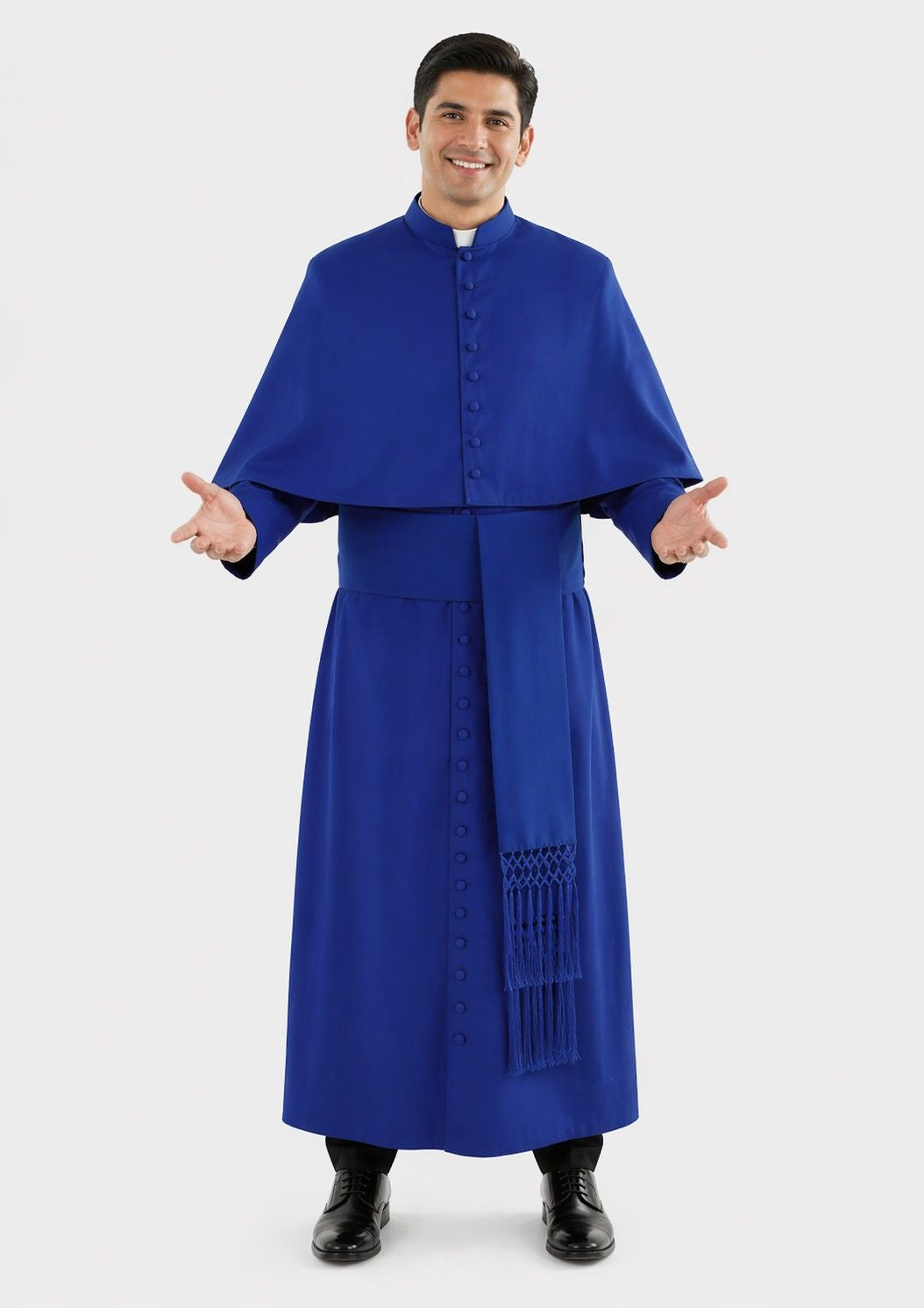 Man wearing a blue robe with a hood on a white background