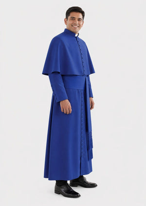 Man wearing a blue religious robe on a white background