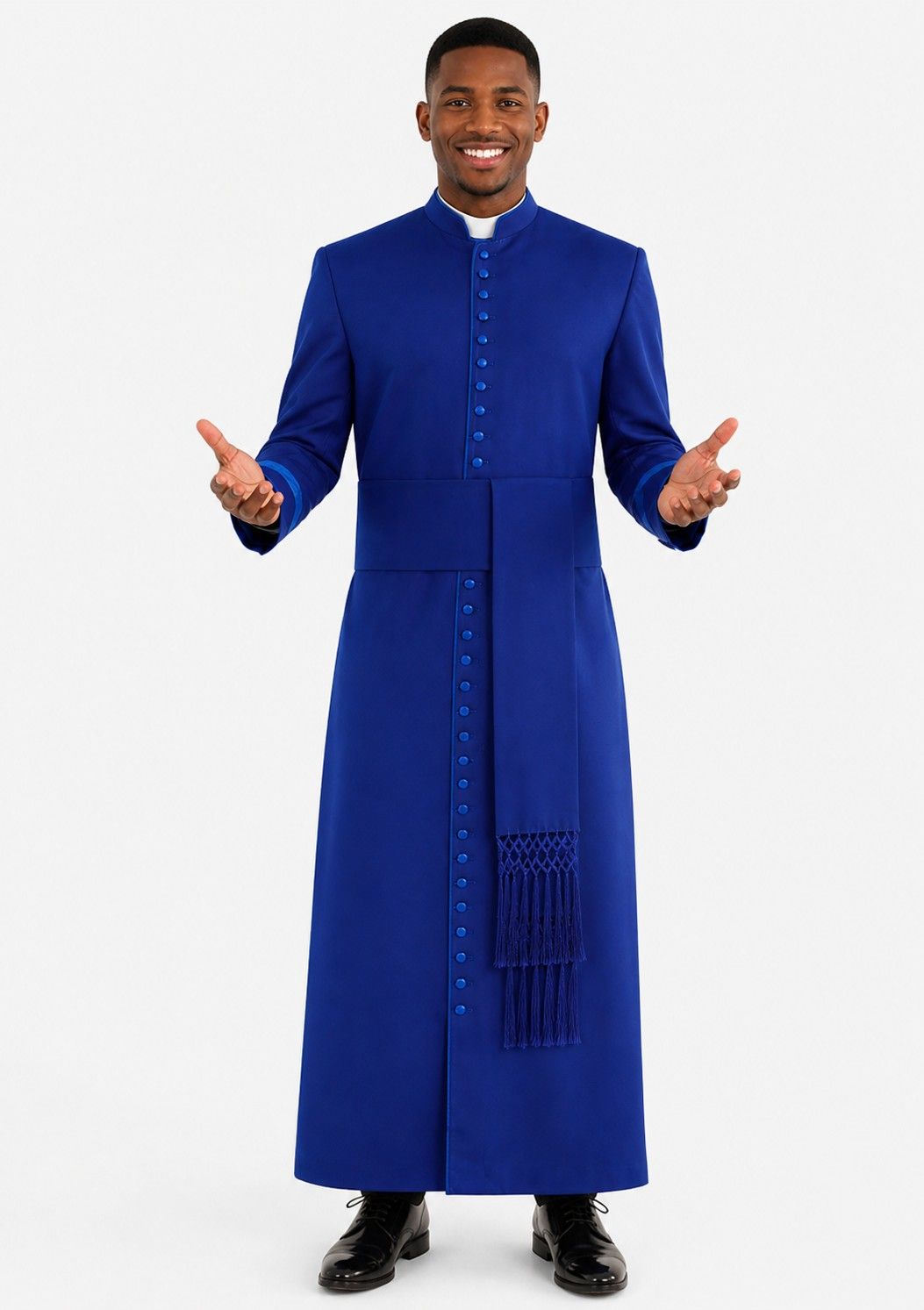 Man wearing a blue robe with a white background