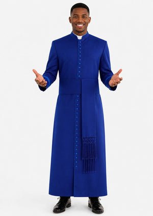 Man wearing a blue robe with a white background