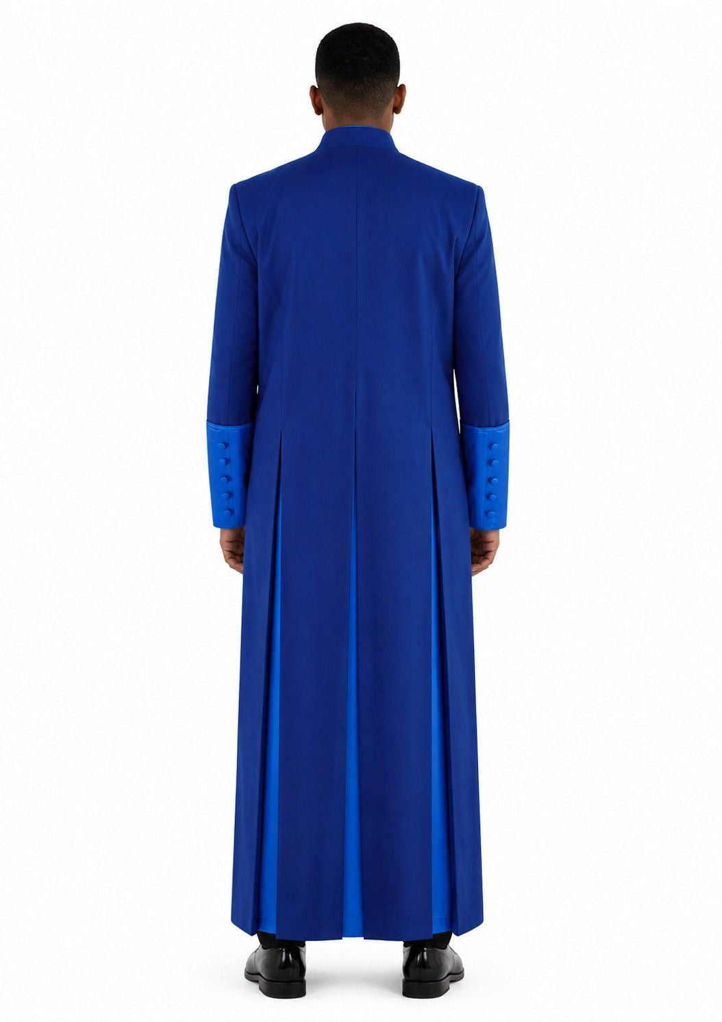 Man wearing a blue robe with a white background