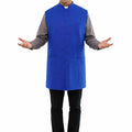Man wearing a blue vest over a gray shirt on a white background