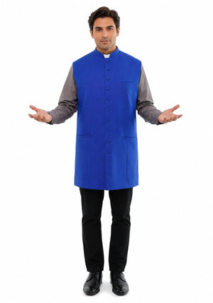 Man wearing a blue vest over a gray shirt on a white background