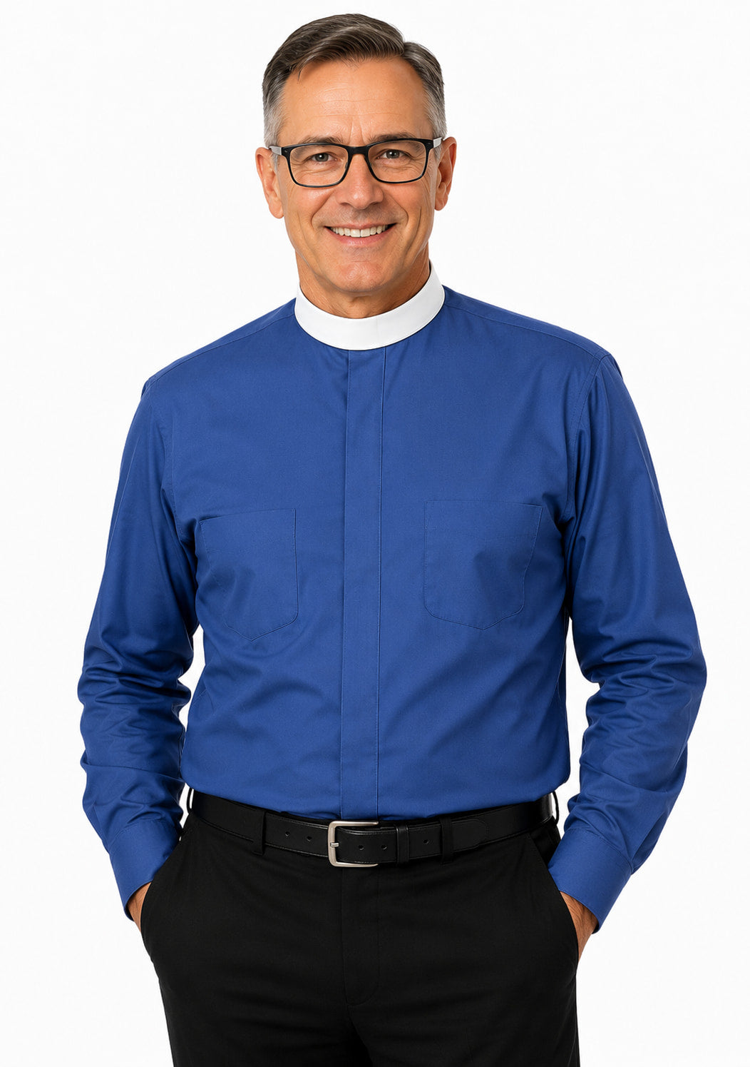 Man wearing a blue shirt with a white collar on a white background