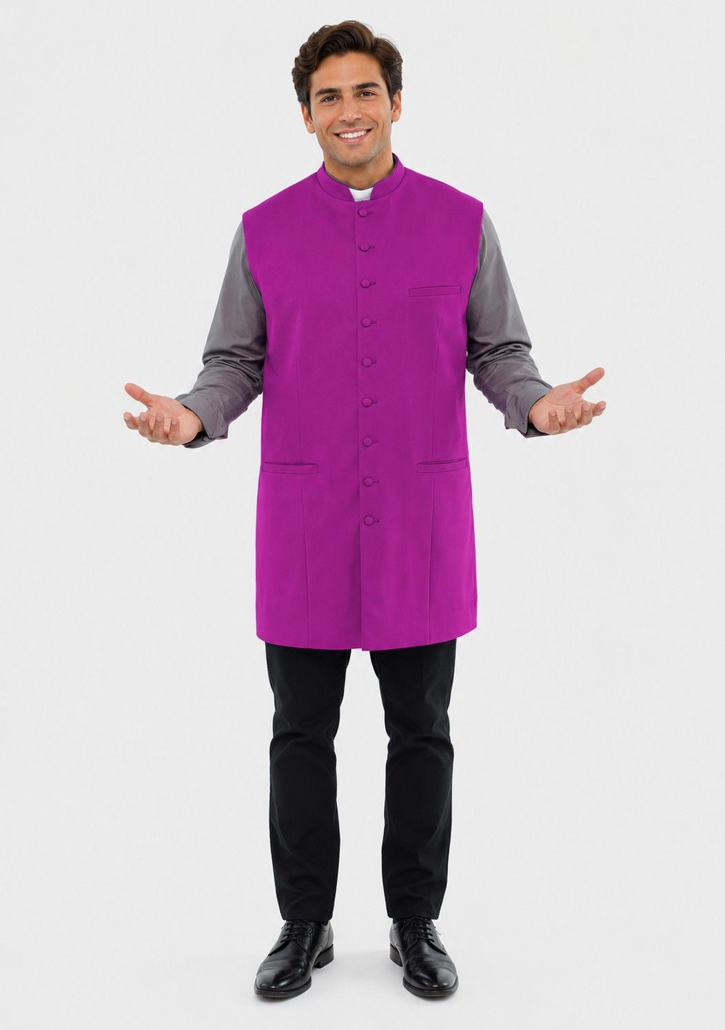 Man wearing a purple vest over a gray shirt on a white background